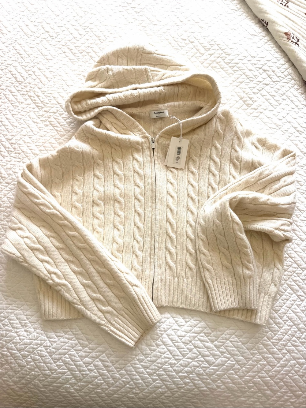 Aritzia Sunday Best Cream Cable-Knit Hooded Zip Sweater